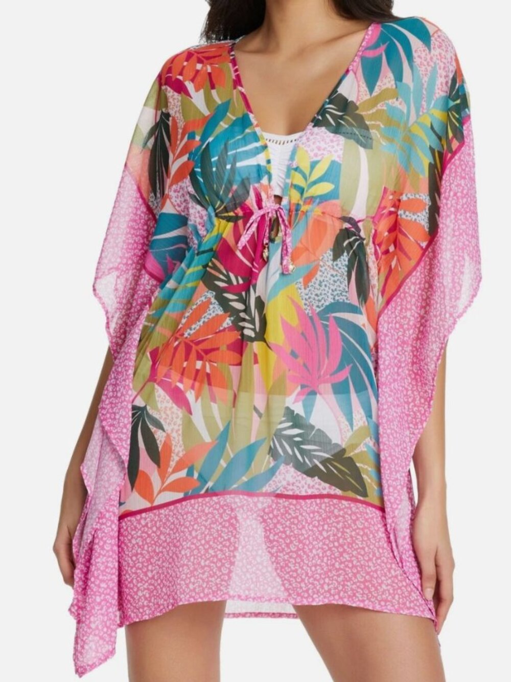 Bleu Rod Beattie Womens L Tropical Print Pink Sheer Caftan Cover-Up Adjustable